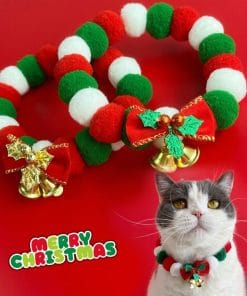 Christmas Cute Dog Cat Plush Ball Necklace Soft Elasticity Collar Pet Neck Accessories Dog Christmas Collar With Bow