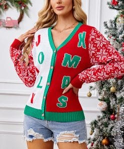 Christmas Sweater Red Casual Letter Jacquard V-neck Knitted Cardigan