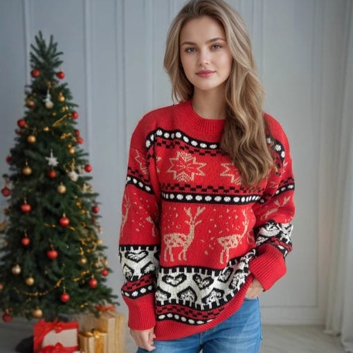 Christmas Casual Red Deer Jacquard Women's Long-sleeved Round Neck Sweater - Image 3