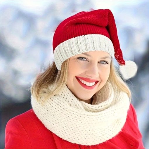 New Knitted Christmas Hat With Fur Ball Holiday Party Decoration Warm Hat Winter - Image 3
