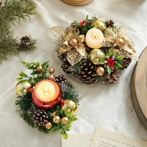 Christmas Candle Metals Candlestick Wreath Artificial Pinball Pinecone Candle Holder Fake Leaves Xmas New Year Home Table Decor - Image 9