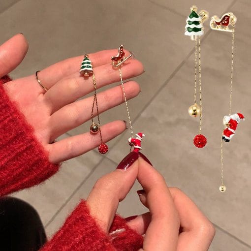 Ins Fashion Xmas Earrings Moving Santa Claus Long Tassel Earrings For Women Christmas Tree Snowflake Asymmetric Drop Earring - Image 6