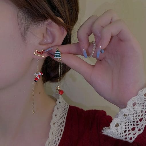 Ins Fashion Xmas Earrings Moving Santa Claus Long Tassel Earrings For Women Christmas Tree Snowflake Asymmetric Drop Earring - Image 2