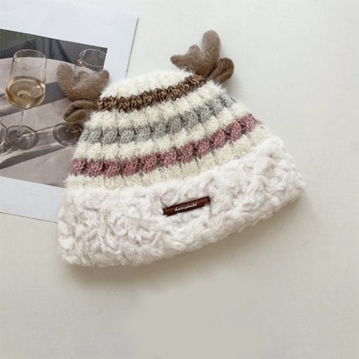 Christmas Knitted Hat With Cute Deer Antler Winter Warm Thick Hat For Girls Women - Image 3