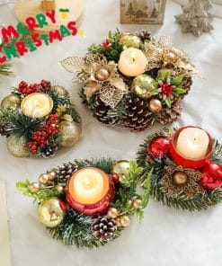 Christmas Candle Metals Candlestick Wreath Artificial Pinball Pinecone Candle Holder Fake Leaves Xmas New Year Home Table Decor