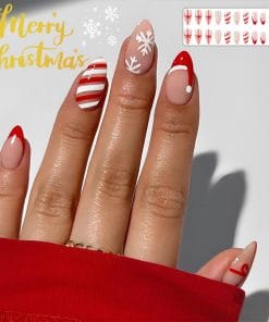 24pcs Christmas False Nails Hat Striped Snowflake Nail Art Stickers For Parties Dances Or Holiday Wear