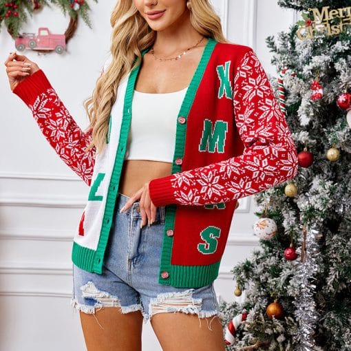 Christmas Sweater Red Casual Letter Jacquard V-neck Knitted Cardigan - Image 6