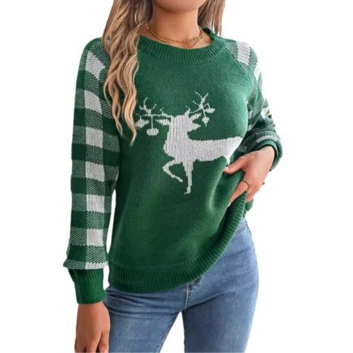 Christmas Women's Casual Plaid Deer Long Sleeve Pullover Sweater - Image 8