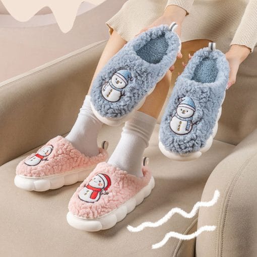 Cute Snowman Slippers Winter Indoor Household Warm Plush Thick-Soled Anti-slip Couple Home Slipper Soft Floor Bedroom House Shoes - Image 2
