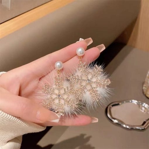 Christmas Zircon Pearl Exaggerated Snowflake Earrings - Image 2