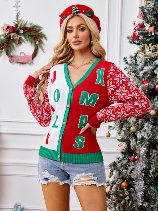 Christmas Sweater Red Casual Letter Jacquard V-neck Knitted Cardigan - Image 2