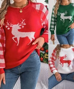 Christmas Women's Casual Plaid Deer Long Sleeve Pullover Sweater