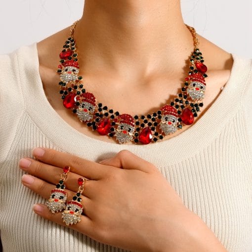 3pcs Christmas Necklace Earrings Set With Colored Rhinestones Ins Fashionable Shiny Santa Claus Necklace For Womens Jewelry - Image 4