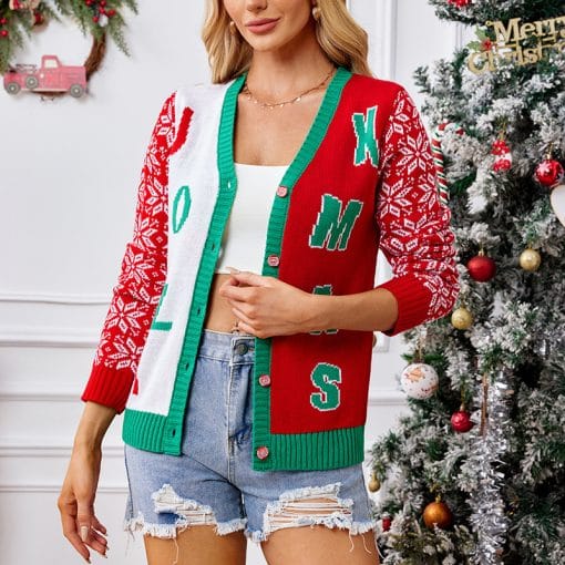 Christmas Sweater Red Casual Letter Jacquard V-neck Knitted Cardigan - Image 3