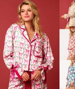 2 Pcs Women's Christmas Pajama Set Santa Tree Print Lapel Neck Button-up Long Sleeve Tops Shorts Loungewear Outfit
