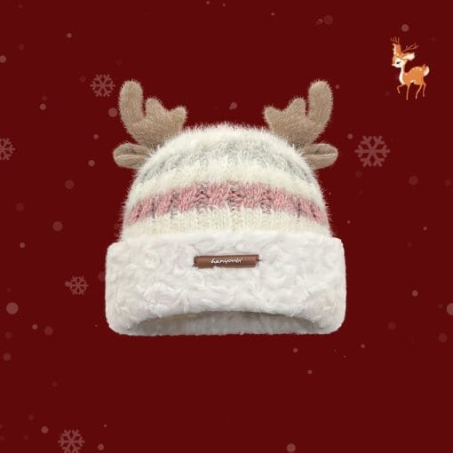 Christmas Knitted Hat With Cute Deer Antler Winter Warm Thick Hat For Girls Women - Image 6