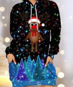 Casual Printed Long Sleeve Pocket Hooded Sweater Loose Dress