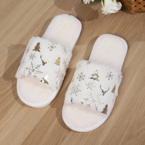 Christmas Plush Slippers Fashion Open-toed Home Slipper Indoor Warm Non-slip Floor Bedroom House Shoes For Couples Women Men - Image 5