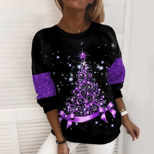Christmas Tree Print Casual Loose Top - Image 2