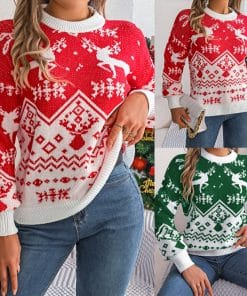 2025 New Year Autumn Winter Casual Deer Pattern Long Sleeve Hoodie Sweater Christmas For Women Red Green Knitted Pullover Jumper