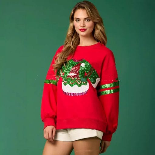 Women's Christmas Sequined Round Neck Top Casual Sweatshirt - Image 4