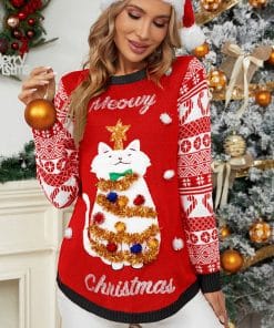 Jacquard Pullover Christmas Cartoon Kitten Embroidered Sweater