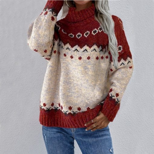 Turtleneck Knitted Sweater Christmas Loose Long Sleeve Jacquard Tops For Women Clothing - Image 7