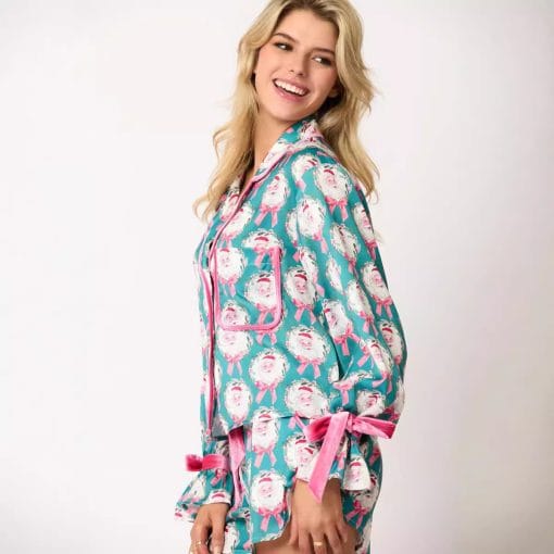 2 Pcs Women's Christmas Pajama Set Santa Tree Print Lapel Neck Button-up Long Sleeve Tops Shorts Loungewear Outfit - Image 5