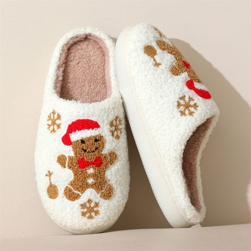 Christmas Snowflake Gingerbread Slippers Winter Indoor Non-slip Floor Bedroom Fuzzy House Shoes For Women Home Slippers - Image 7