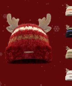 Christmas Knitted Hat With Cute Deer Antler Winter Warm Thick Hat For Girls Women