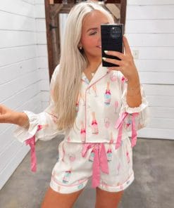 Women's Christmas Bow Long Sleeve Pajamas Shorts Suit