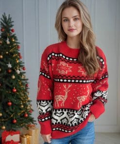 Christmas Casual Red Deer Jacquard Women's Long-sleeved Round Neck Sweater