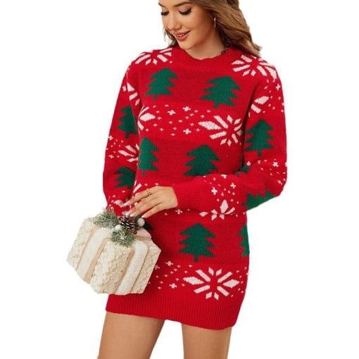 Christmas Pullover Jacquard Long Red - Image 4