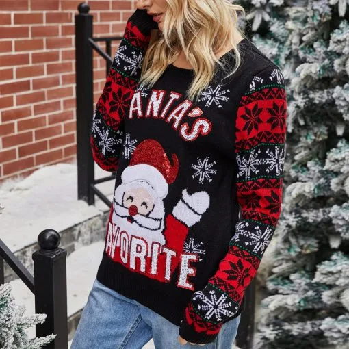 Santa Embroidered Crew Neck Knit Sweater - Image 4