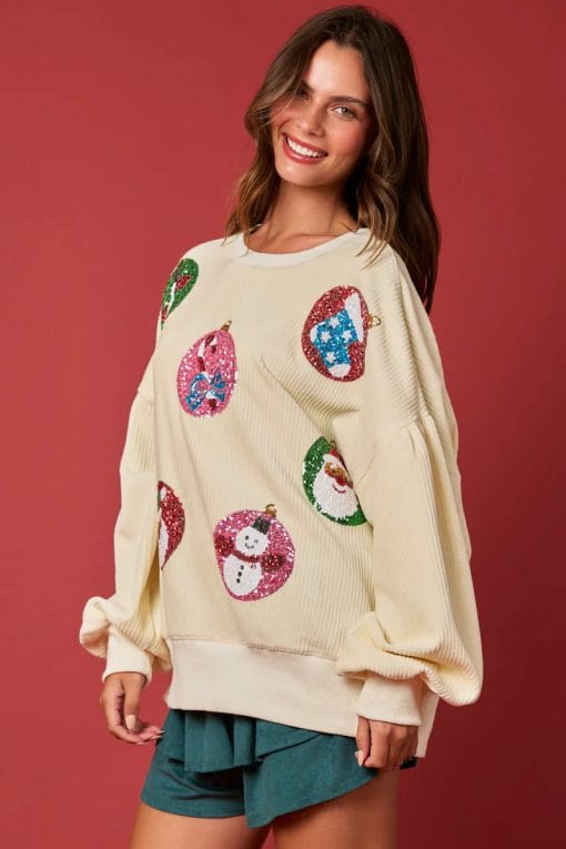 Women's Christmas Egg Sequined Long Sleeve Loose Sweatshirt Top - Image 4