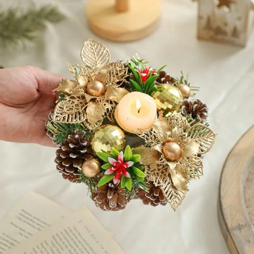 Christmas Candle Metals Candlestick Wreath Artificial Pinball Pinecone Candle Holder Fake Leaves Xmas New Year Home Table Decor - Image 5