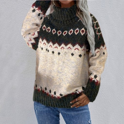 Turtleneck Knitted Sweater Christmas Loose Long Sleeve Jacquard Tops For Women Clothing - Image 3
