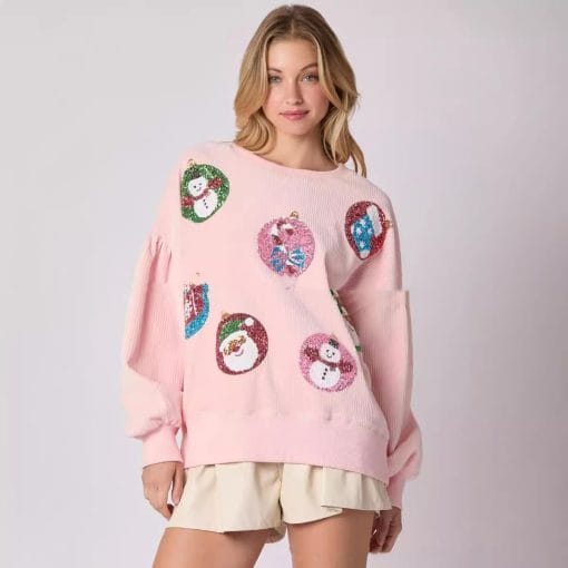 Women's Christmas Egg Sequined Long Sleeve Loose Sweatshirt Top - Image 2