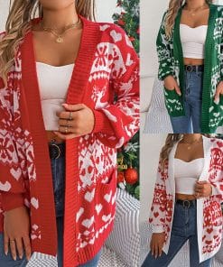 2024 Christmas Clothes Women's Open Front Cardigan Knitwear Lantern Sleeve Xmas Printed Oversized Deer Sweater Pockets Knitted