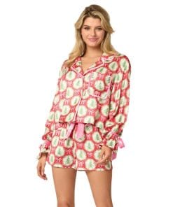 2 Pcs Women's Christmas Pajama Set Santa Tree Print Lapel Neck Button-up Long Sleeve Tops Shorts Loungewear Outfit 18 fda63786 a27e 43e0 b2e8 c9f7718a6e47