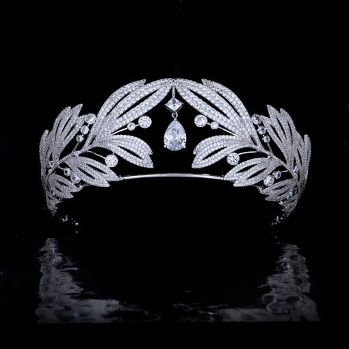 Royal Vintage Laurel Leaf Big Crown Bridal Zircon Crown - Image 4