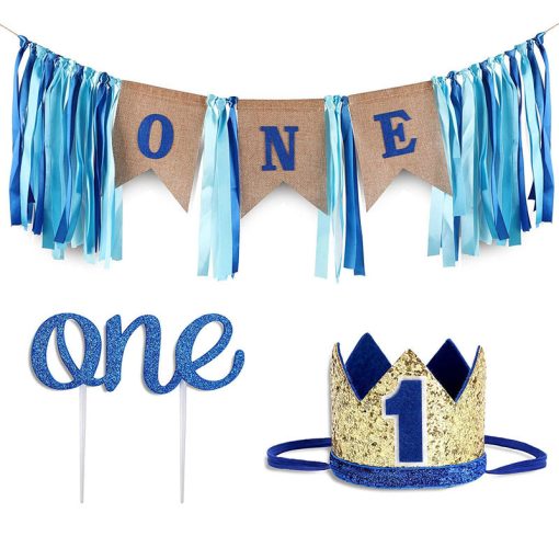 Boy Birthday Party Decoration Blue ONE Table Runner Hat Cake - Image 3