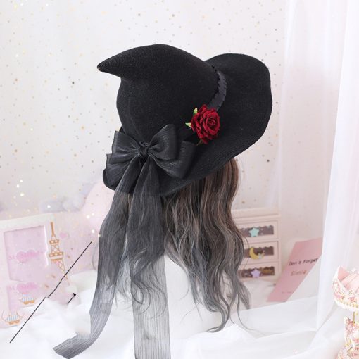 Lolita Halloween Retro Witch Hat Masquerade Rose Big Bow Wizard Hat Gothic Magical Girl Hat Cosplay Accessories Party Decor - Image 5