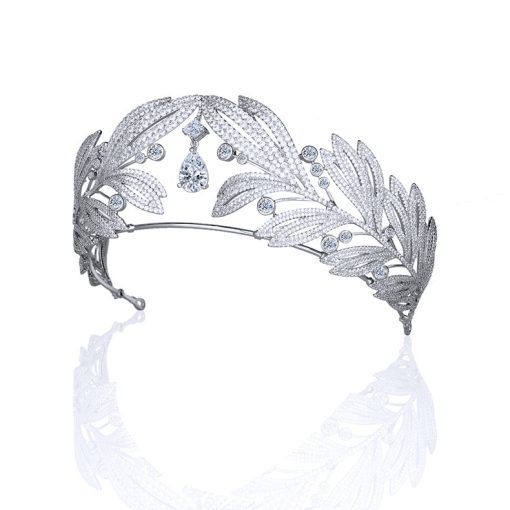 Royal Vintage Laurel Leaf Big Crown Bridal Zircon Crown - Image 6
