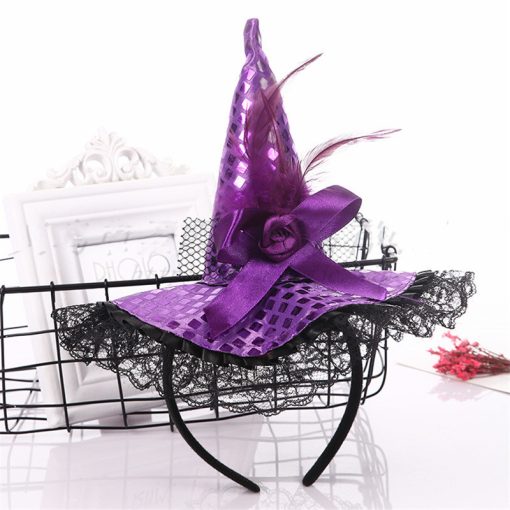 Halloween Decoration Witch Hat Headband, Masquerade Show Lace Sequin Hat Headband - Image 2